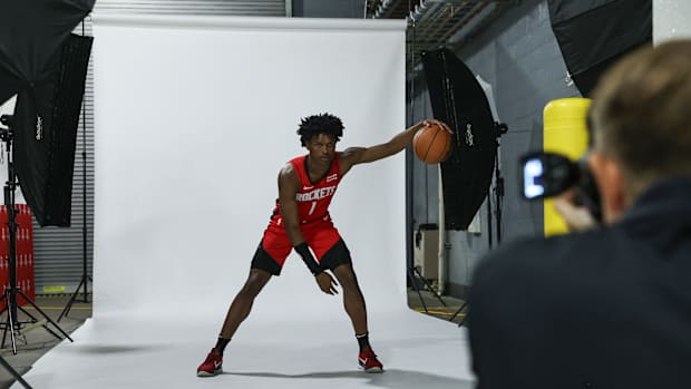 Rockets Amen Thompson during Rockets media day at Toyota Center. Mandatory Credit: Troy Taormina-USA TODAY Sports